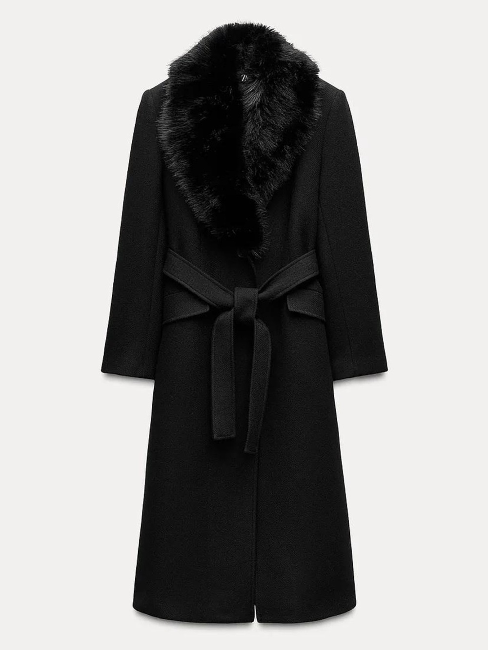 Zara Black Wrap Trench Coat with Faux-Fur Collar